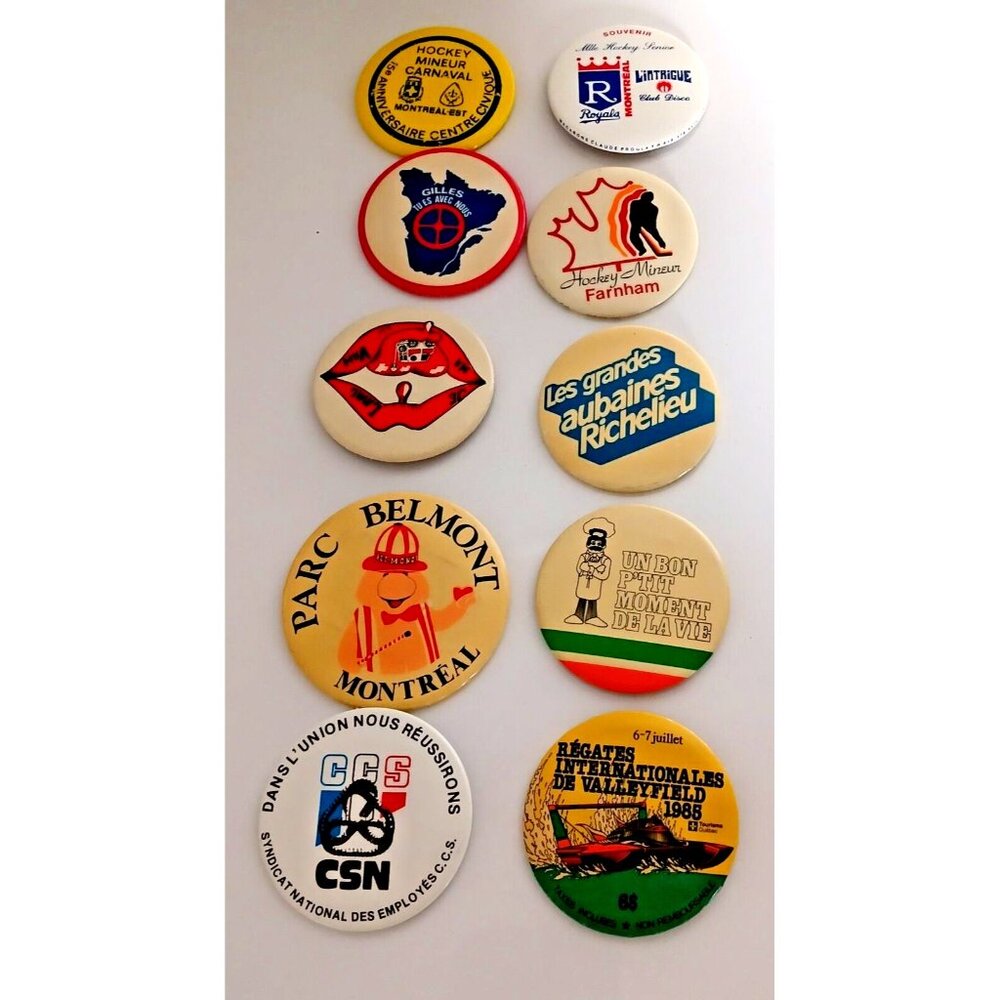 Vintage Lot of 10 Large Pin Back Buttons Quebec Canada in French RARE Lot Metal
